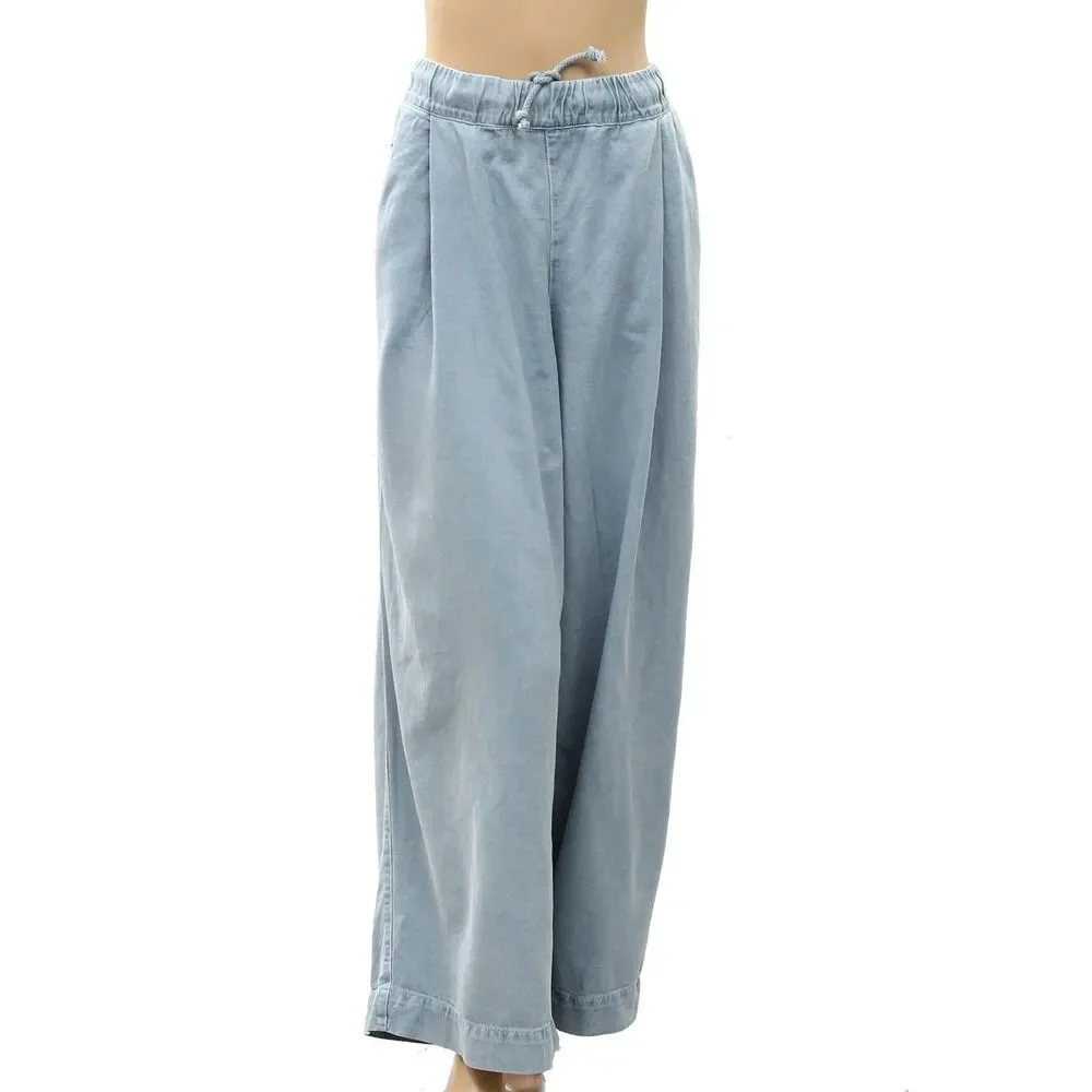 Free People Women's Wide-Leg Drawstring Trouser Pants Adjustable Blue XS 288550